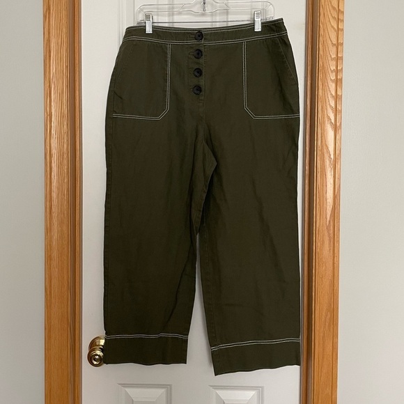 Boden Green Linen Blend Wide Leg Cropped Pants Size 10 - Picture 1 of 8